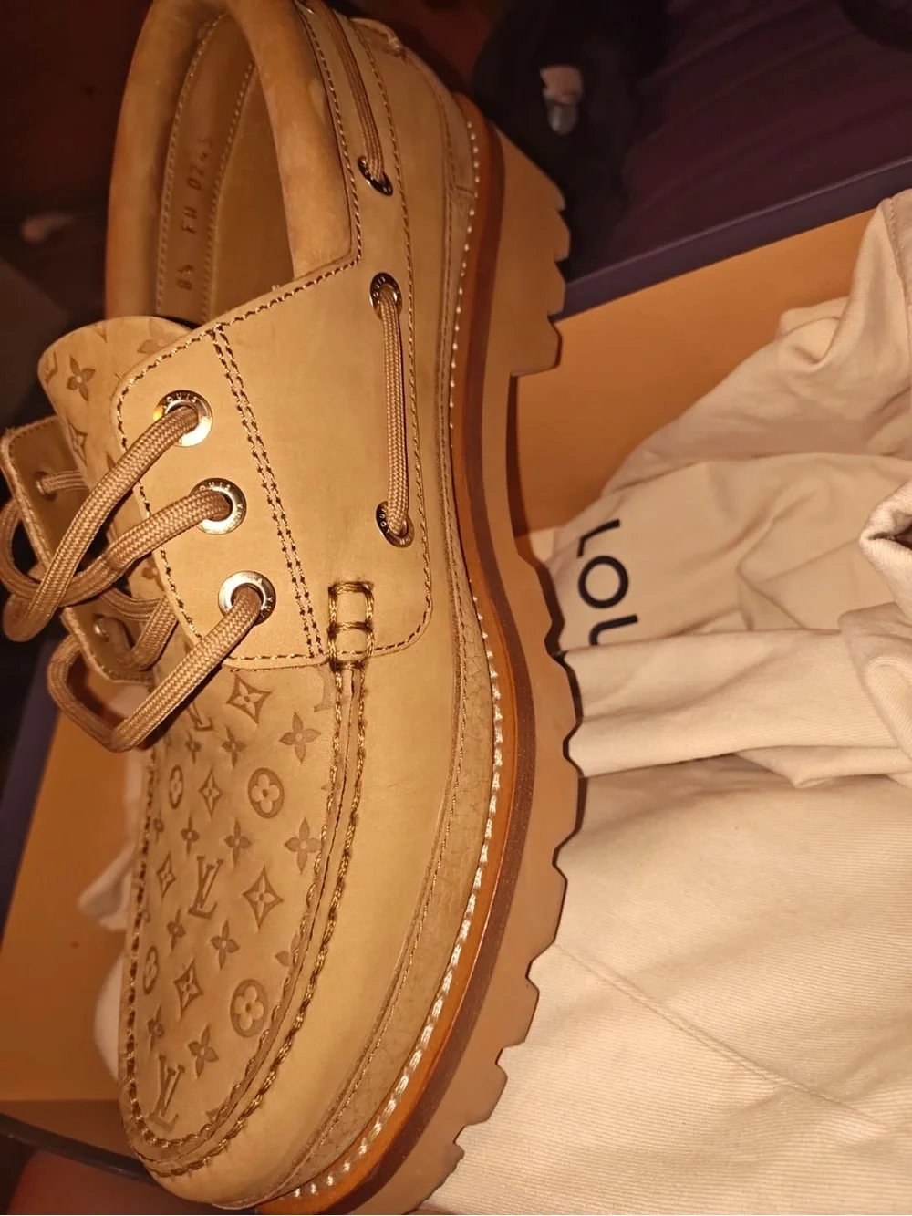 Louis Vuitton Tan Monogram Suede Men’s Boat Shoe